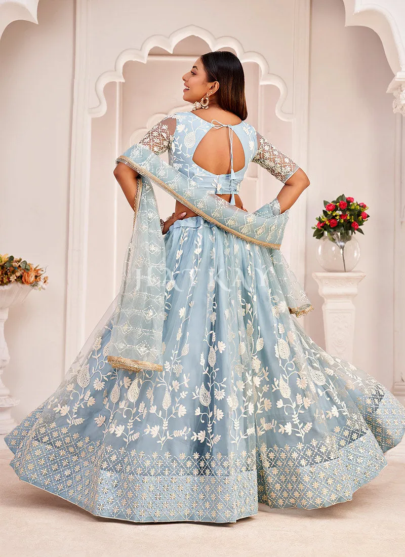 Sky Blue Traditional Embroidered Wedding Lehenga Choli