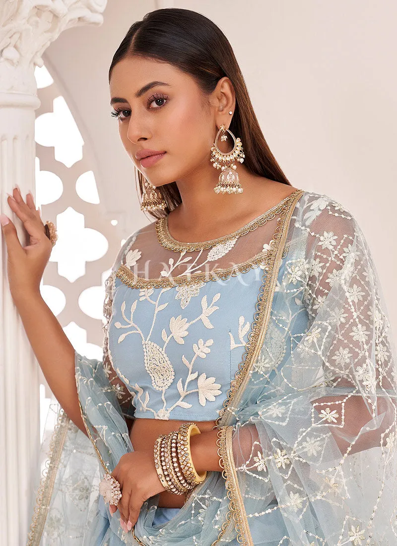 Sky Blue Traditional Embroidered Wedding Lehenga Choli