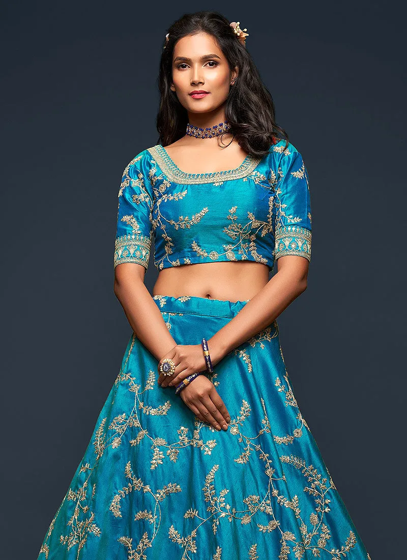 Sky Blue Zari Embroidered Silk Lehenga Choli