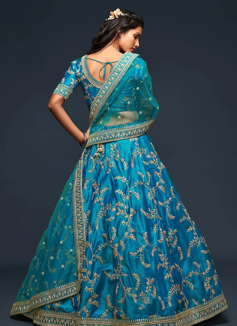 Sky Blue Zari Embroidered Silk Lehenga Choli
