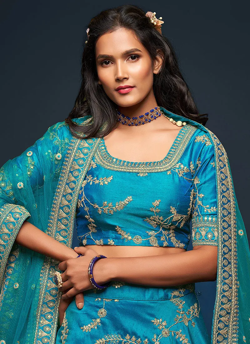 Sky Blue Zari Embroidered Silk Lehenga Choli