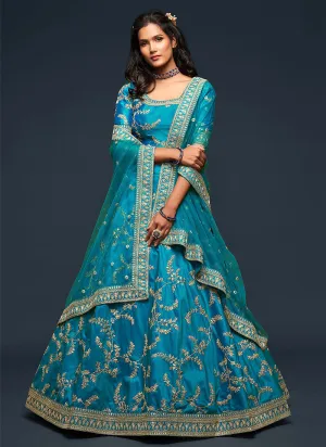 Sky Blue Zari Embroidered Silk Lehenga Choli