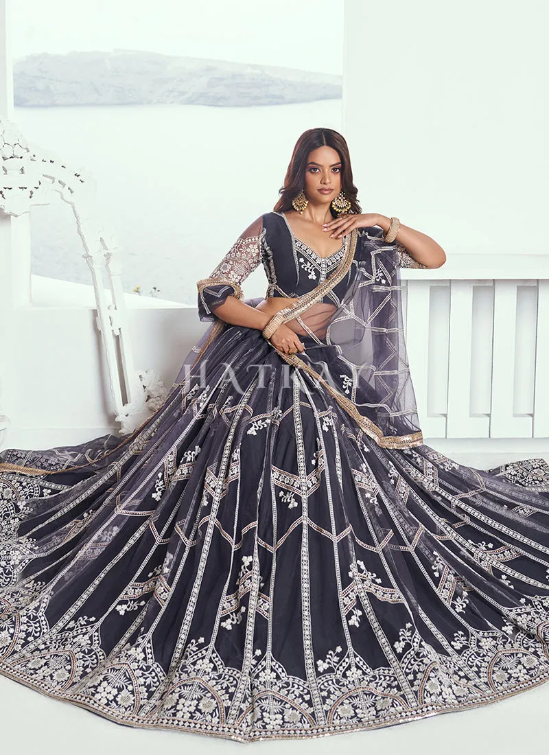 Slate Grey Embroidered Party Wear Lehenga Choli