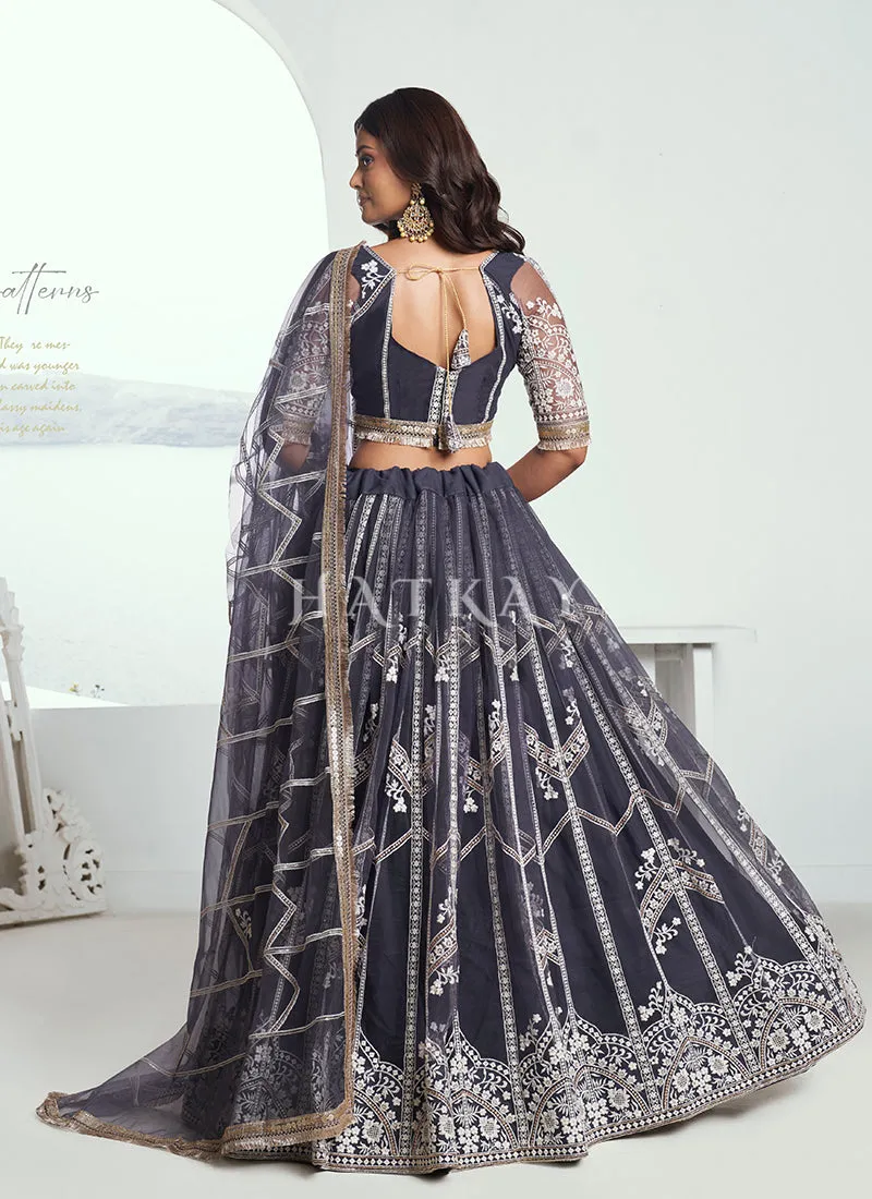 Slate Grey Embroidered Party Wear Lehenga Choli