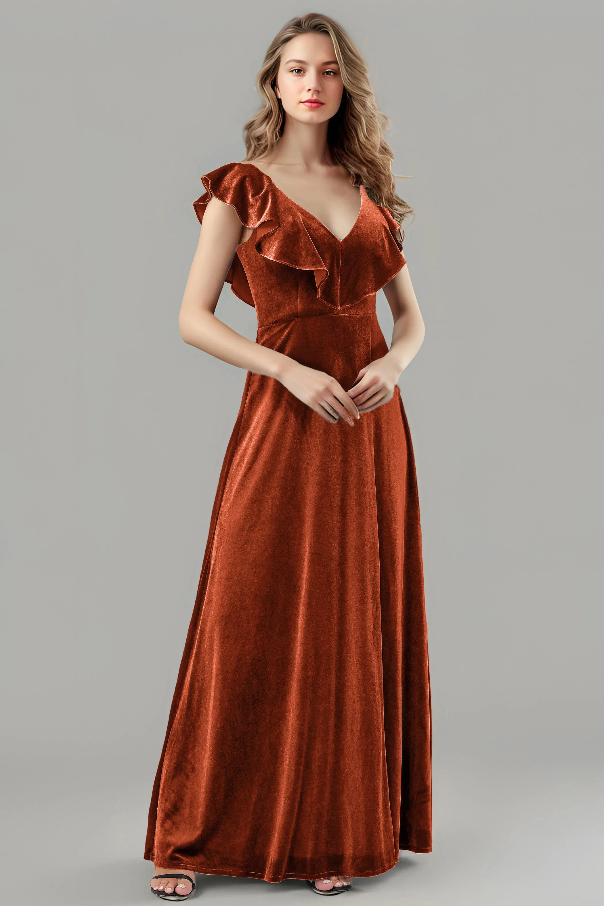 Sleeveless Ruffle V-Neck Velvet Long Bridesmaid Dresses with High Slit
