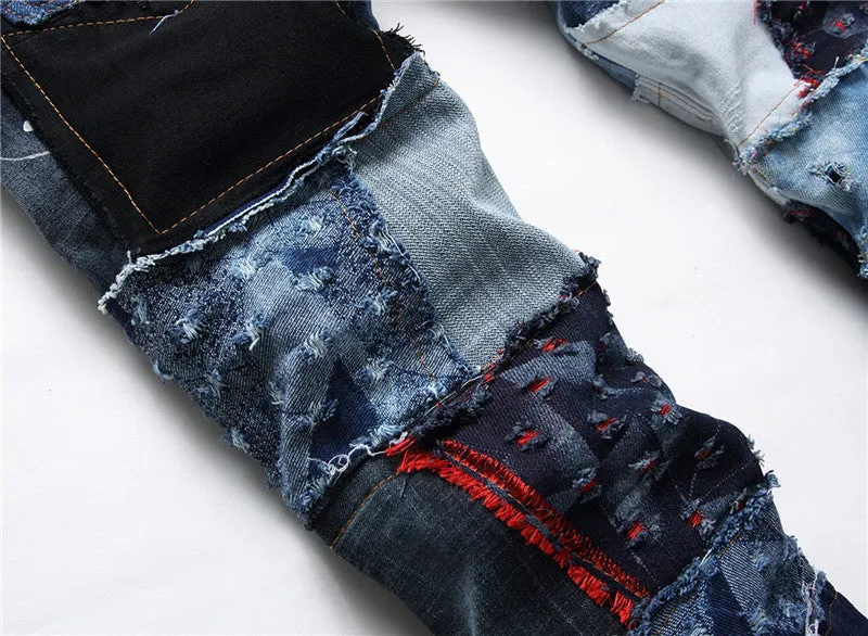 Slim Men's Patchwork Ripped Jeans Mid Waist Straight Pants
