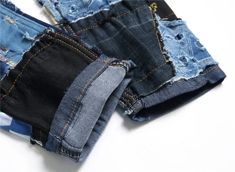 Slim Men's Patchwork Ripped Jeans Mid Waist Straight Pants