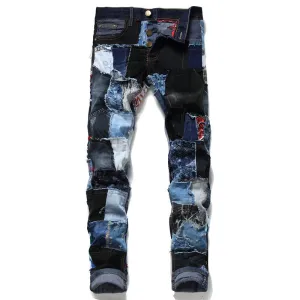 Slim Men's Patchwork Ripped Jeans Mid Waist Straight Pants