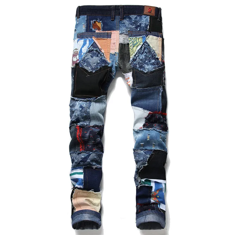 Slim Men's Patchwork Ripped Jeans Mid Waist Straight Pants