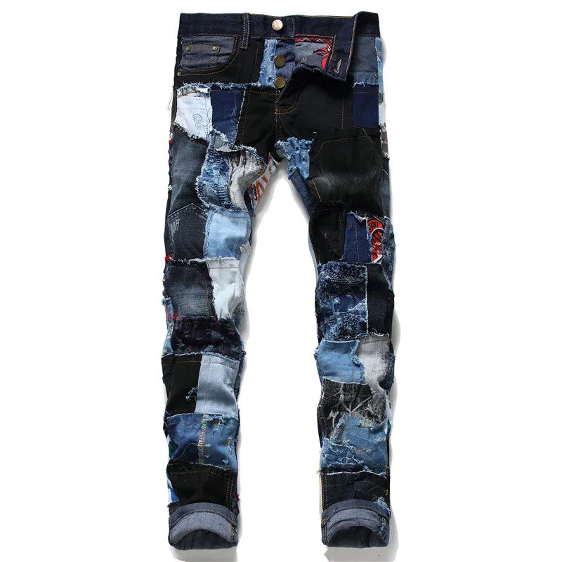 Slim Men's Patchwork Ripped Jeans Mid Waist Straight Pants