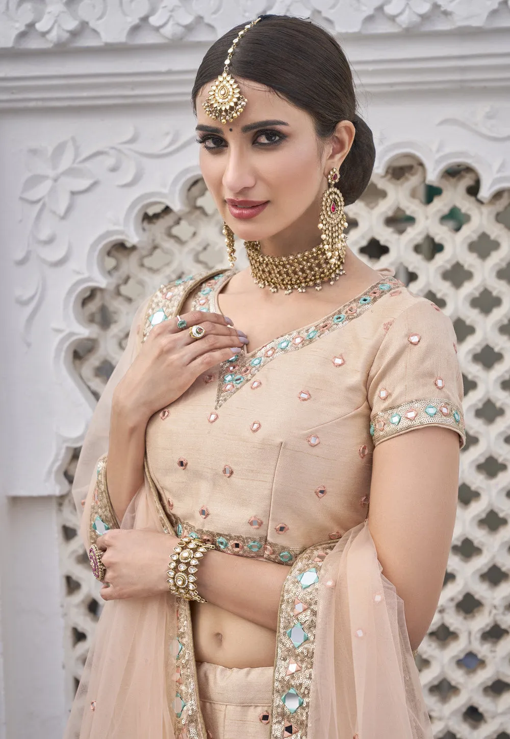 Soft Peach Mirror Work Wedding Lehenga Choli