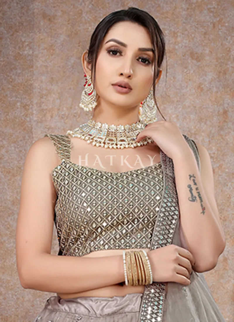 Steel Grey Mirror Work Embroidery Net Lehenga Choli