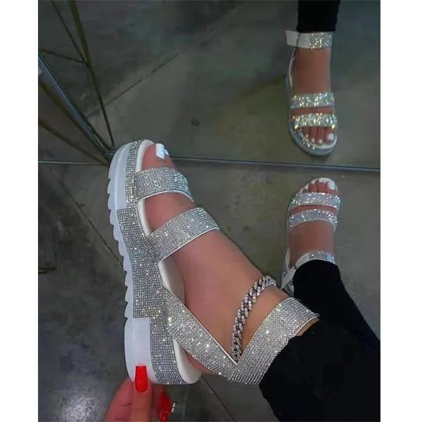 Summer Sandals Rhinestone Shoes Open Toe Low Heel Outdoor Sandals 43