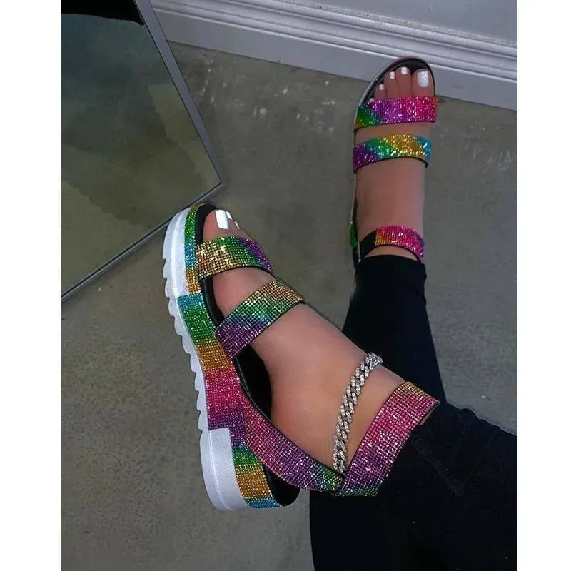 Summer Sandals Rhinestone Shoes Open Toe Low Heel Outdoor Sandals 43