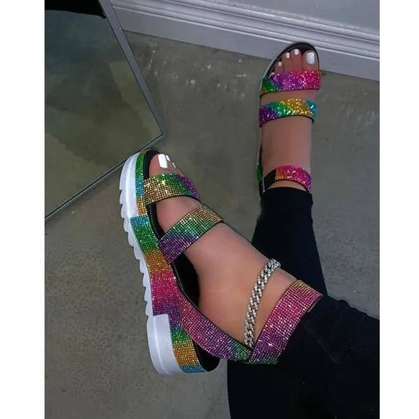 Summer Sandals Rhinestone Shoes Open Toe Low Heel Outdoor Sandals 43
