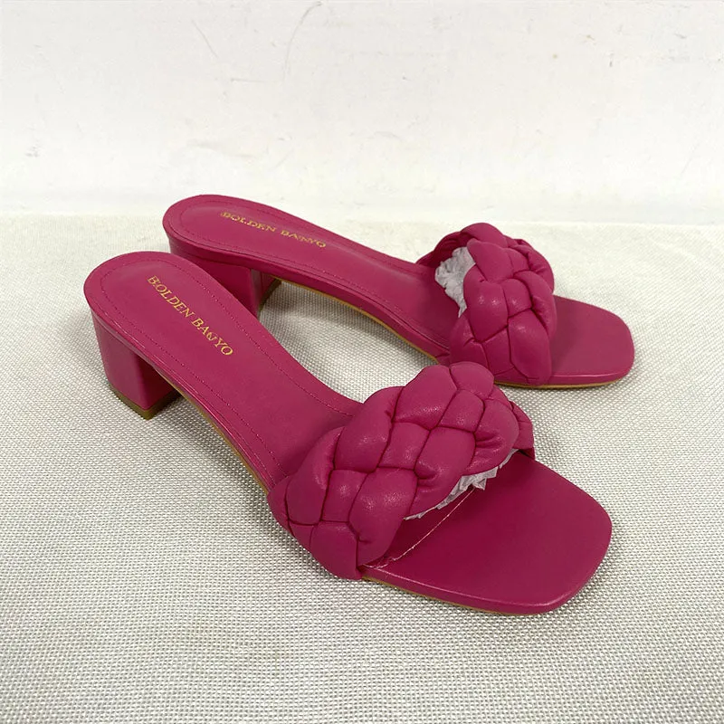 Summer Solid Weave Square Heel Sandal Thick High Heels Gladiator Outdoor Party Slides Ladies Sandals Shoes