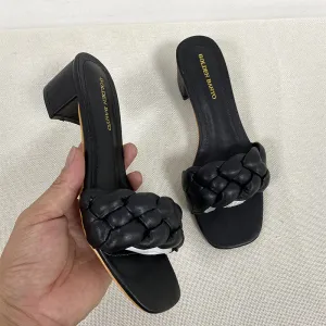 Summer Solid Weave Square Heel Sandal Thick High Heels Gladiator Outdoor Party Slides Ladies Sandals Shoes