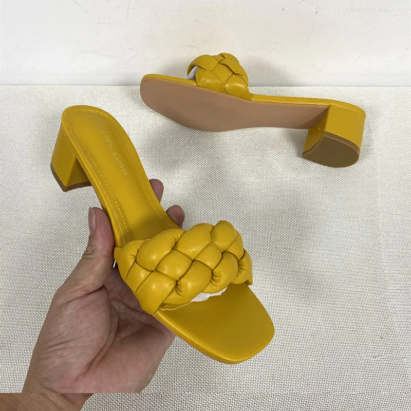 Summer Solid Weave Square Heel Sandal Thick High Heels Gladiator Outdoor Party Slides Ladies Sandals Shoes