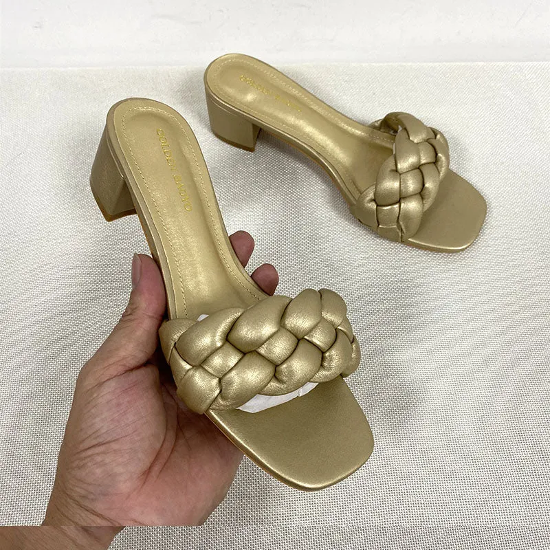 Summer Solid Weave Square Heel Sandal Thick High Heels Gladiator Outdoor Party Slides Ladies Sandals Shoes