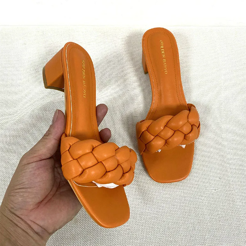 Summer Solid Weave Square Heel Sandal Thick High Heels Gladiator Outdoor Party Slides Ladies Sandals Shoes