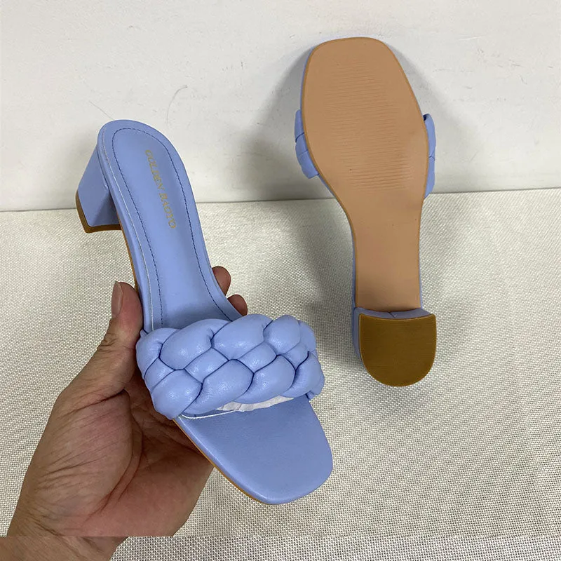 Summer Solid Weave Square Heel Sandal Thick High Heels Gladiator Outdoor Party Slides Ladies Sandals Shoes