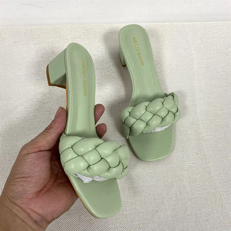 Summer Solid Weave Square Heel Sandal Thick High Heels Gladiator Outdoor Party Slides Ladies Sandals Shoes