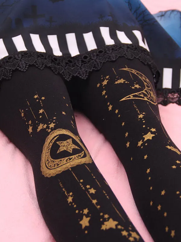 Sweet Lolita Stockings Black Moon And Starlet Velvet Tight High Lolita Socks