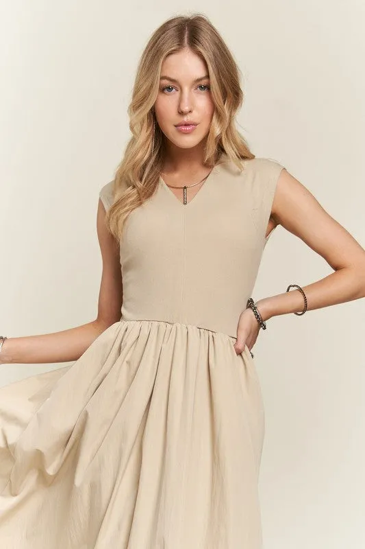 Tan V-Neck Cap Sleeve Dress