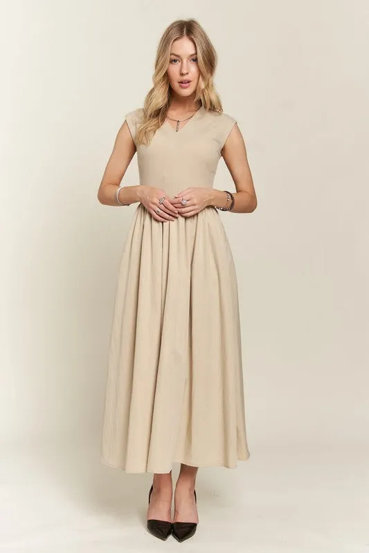 Tan V-Neck Cap Sleeve Dress