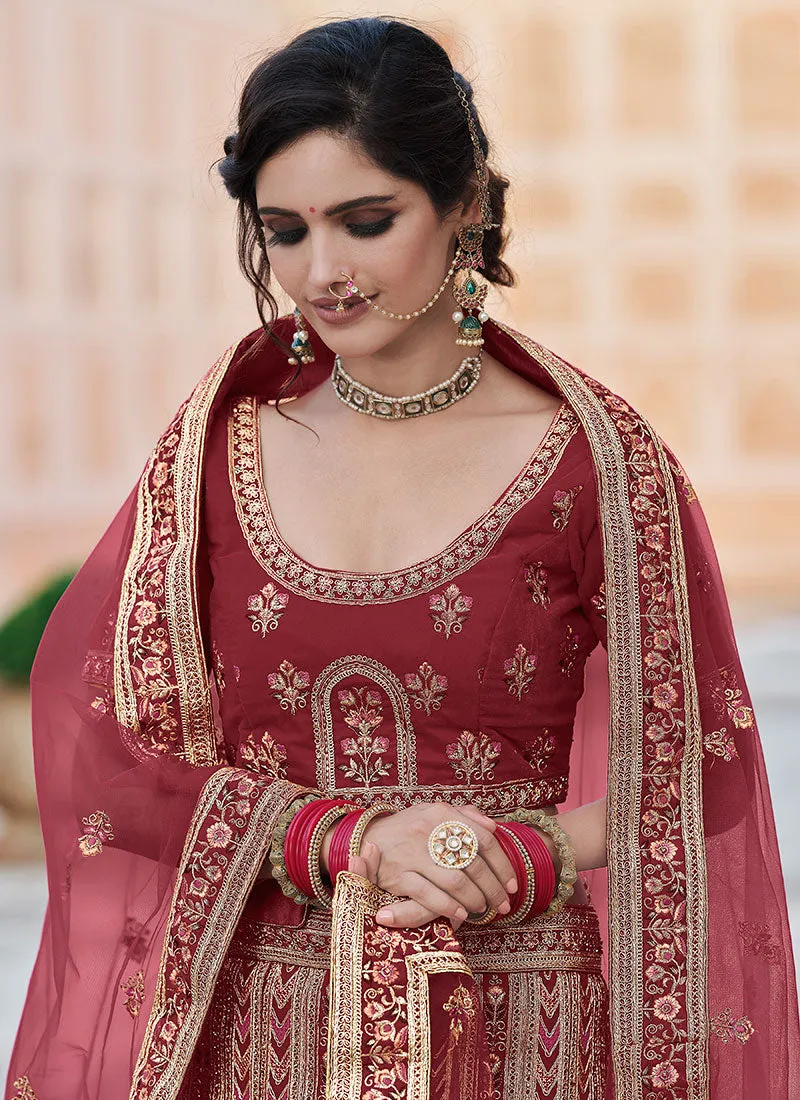 Tangerine Red Zari And Zarkan Embroidered Lehenga Choli And Dupatta