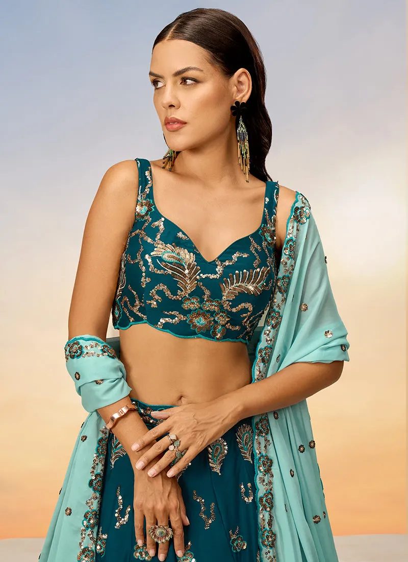 Teal And Mint Green Bridal Embroidered Lehenga Choli