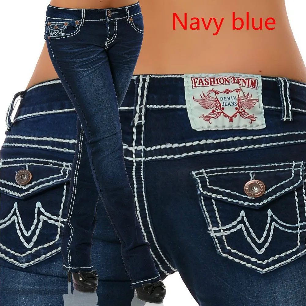 Thick thread embroidery Women's Jeans Straight Pants Mid Waist Jeans