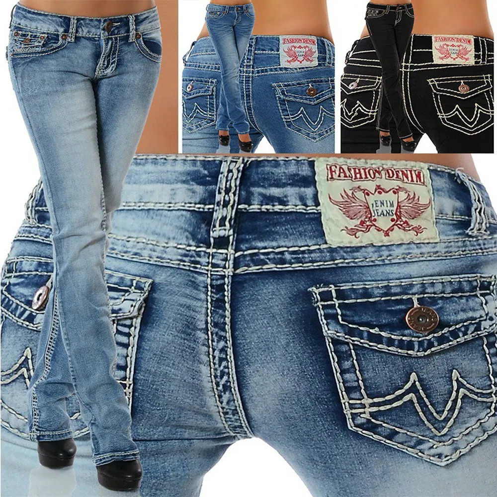 Thick thread embroidery Women's Jeans Straight Pants Mid Waist Jeans