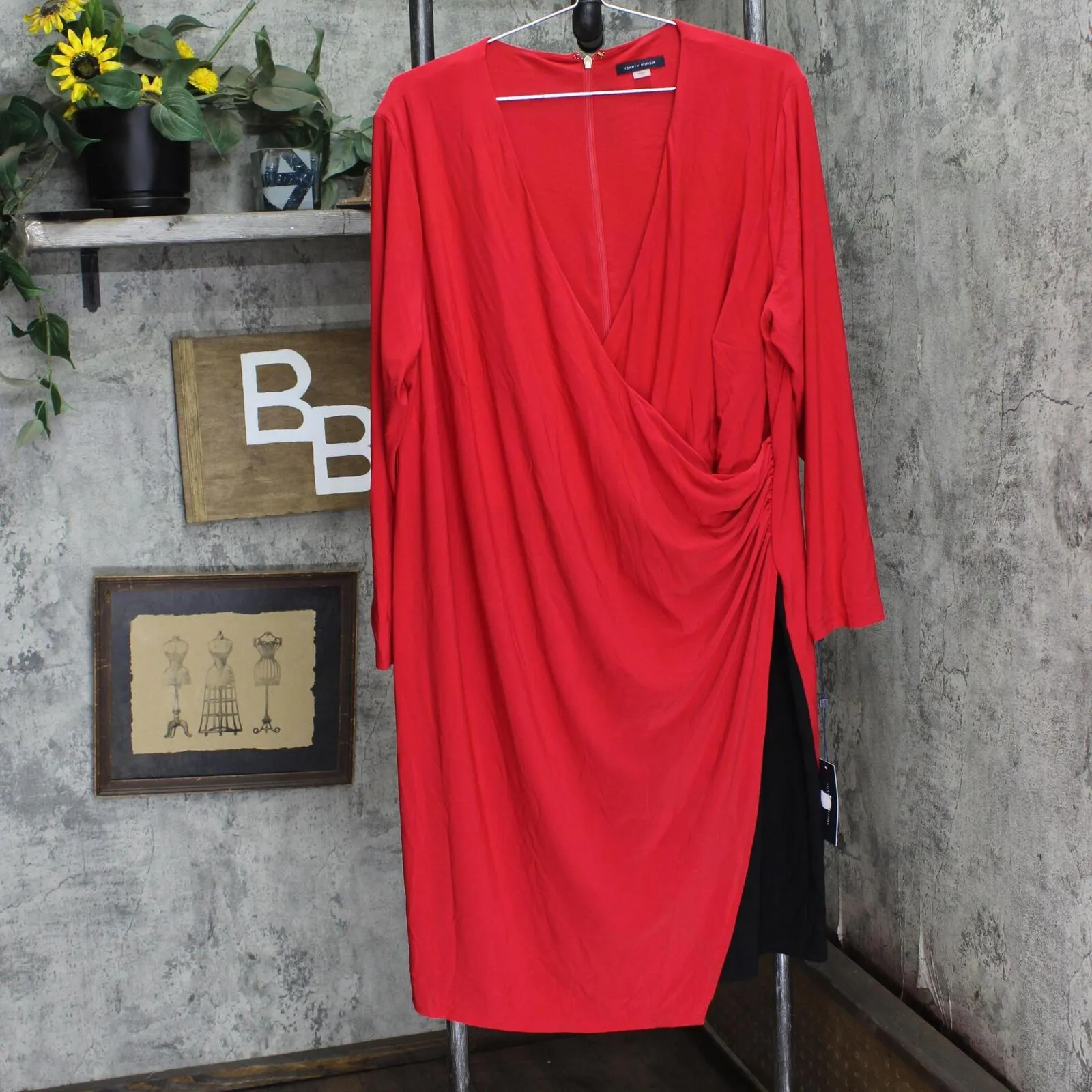 Tommy Hilfiger Womens Plus Size Faux-Wrap Asymmetric Sheath Dress Red 18W