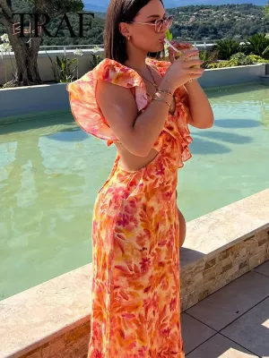 TRAF Summer Fashion Women's Sexy V-Neck Sleeveless Backless Orange Dress