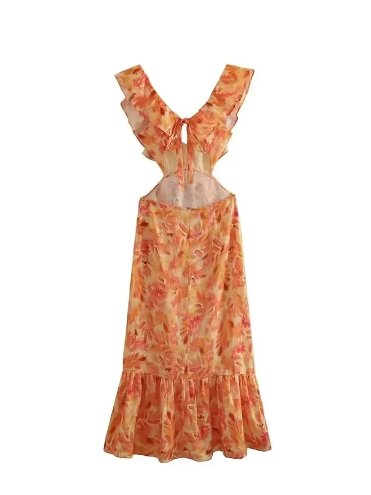 TRAF Summer Fashion Women's Sexy V-Neck Sleeveless Backless Orange Dress
