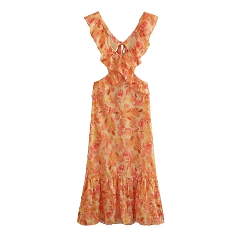 TRAF Summer Fashion Women's Sexy V-Neck Sleeveless Backless Orange Dress