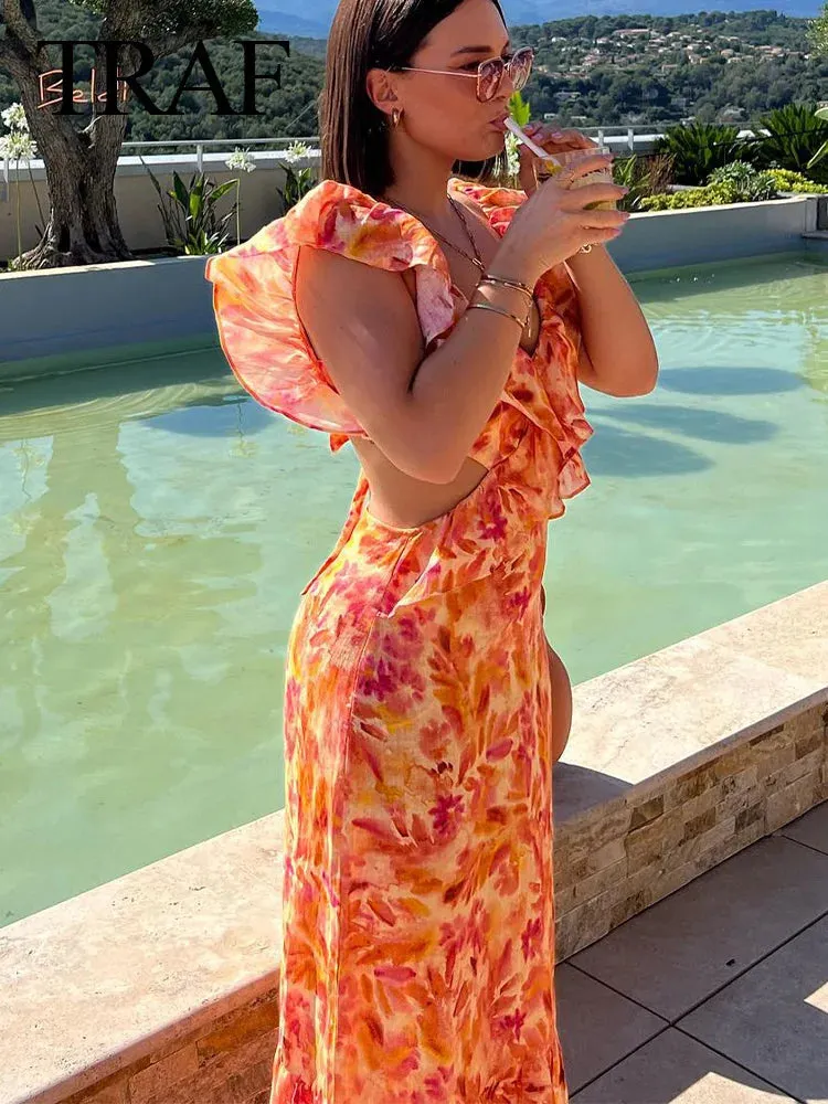 TRAF Summer Fashion Women's Sexy V-Neck Sleeveless Backless Orange Dress