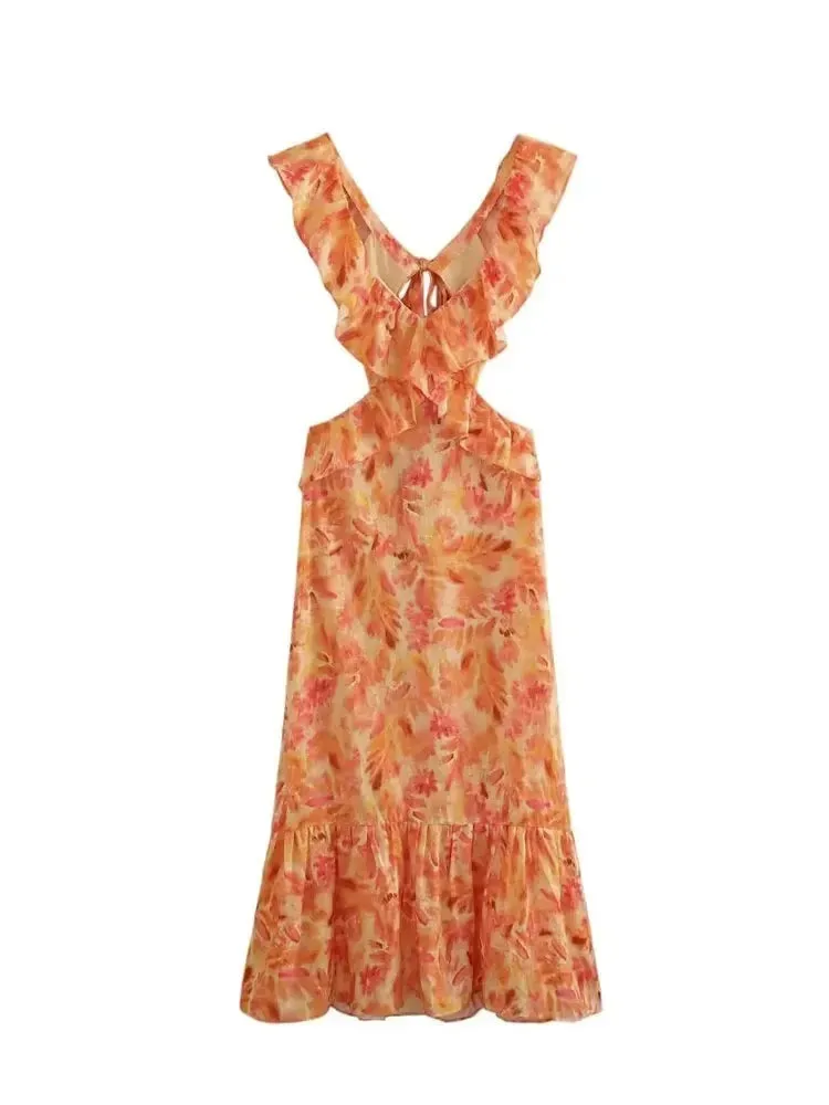 TRAF Summer Fashion Women's Sexy V-Neck Sleeveless Backless Orange Dress