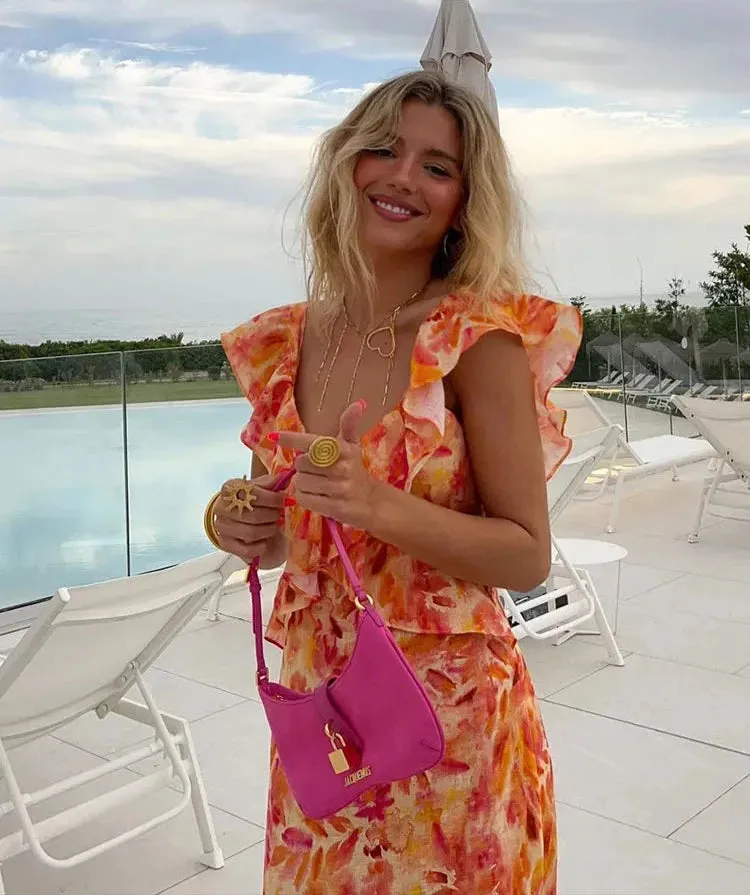TRAF Summer Fashion Women's Sexy V-Neck Sleeveless Backless Orange Dress