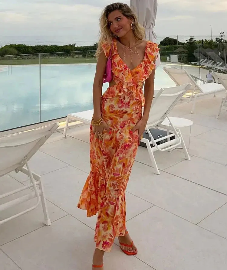 TRAF Summer Fashion Women's Sexy V-Neck Sleeveless Backless Orange Dress
