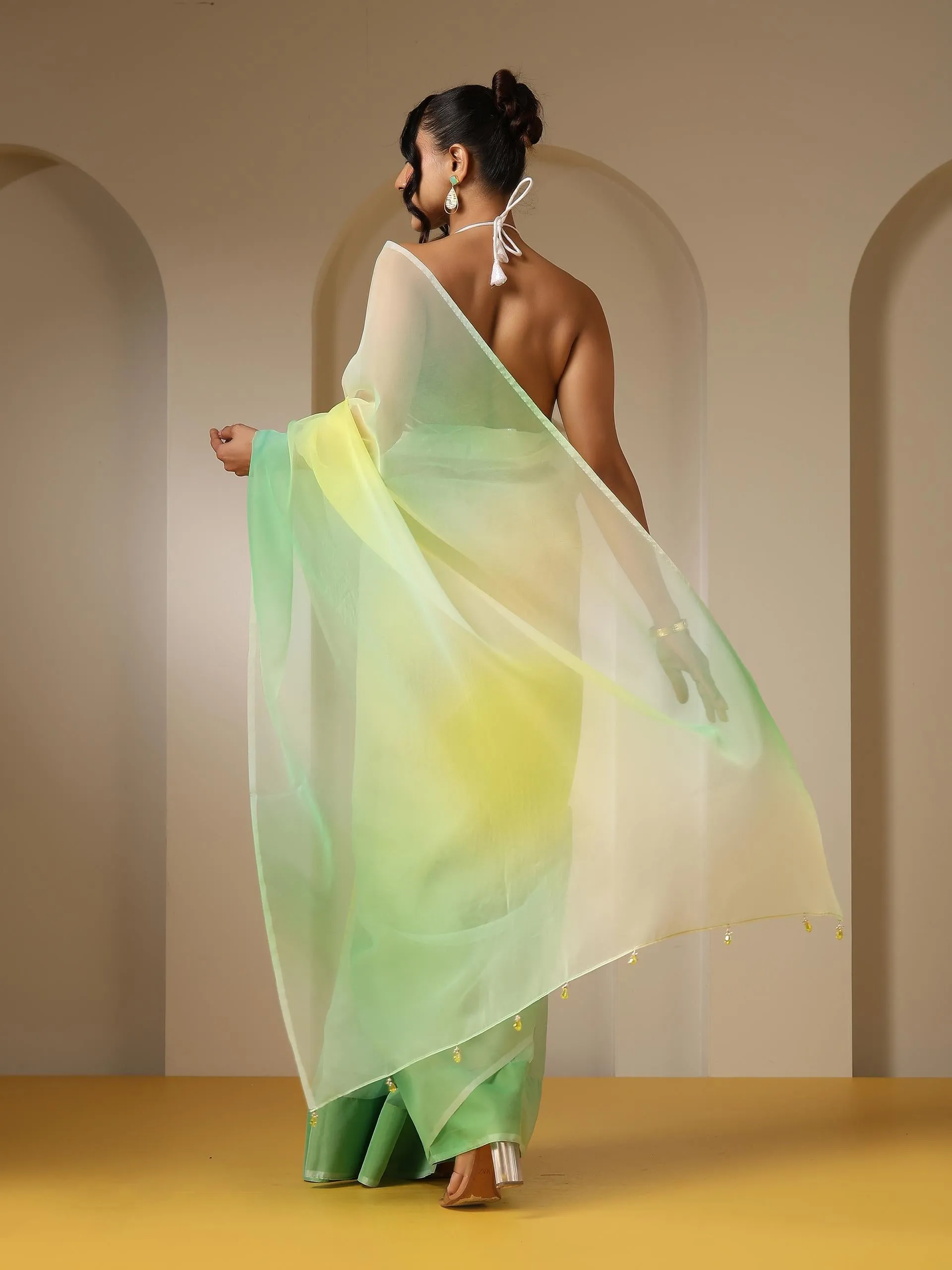 Tulip Yellow Green Organza Ombre Printed Saree