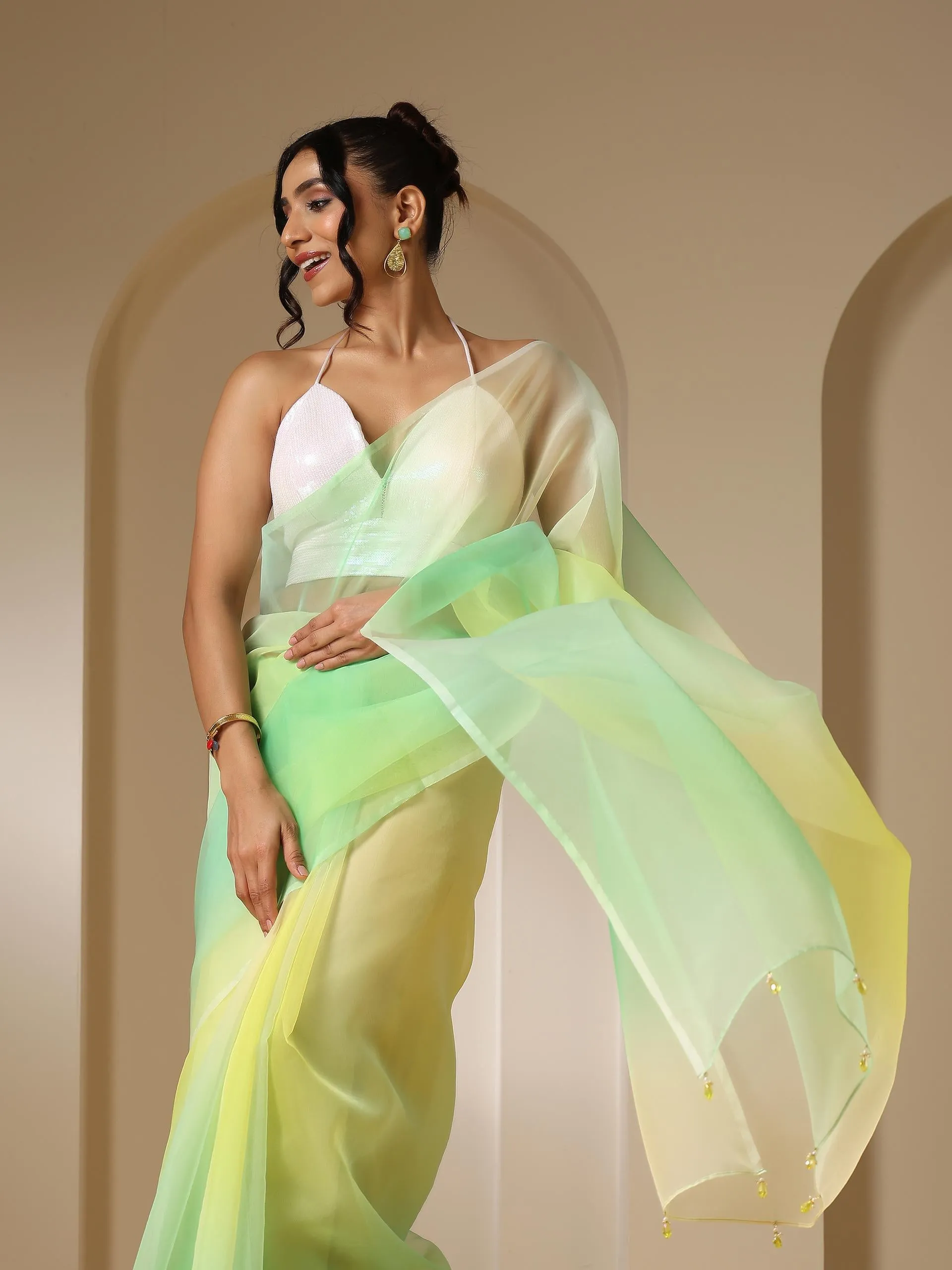 Tulip Yellow Green Organza Ombre Printed Saree