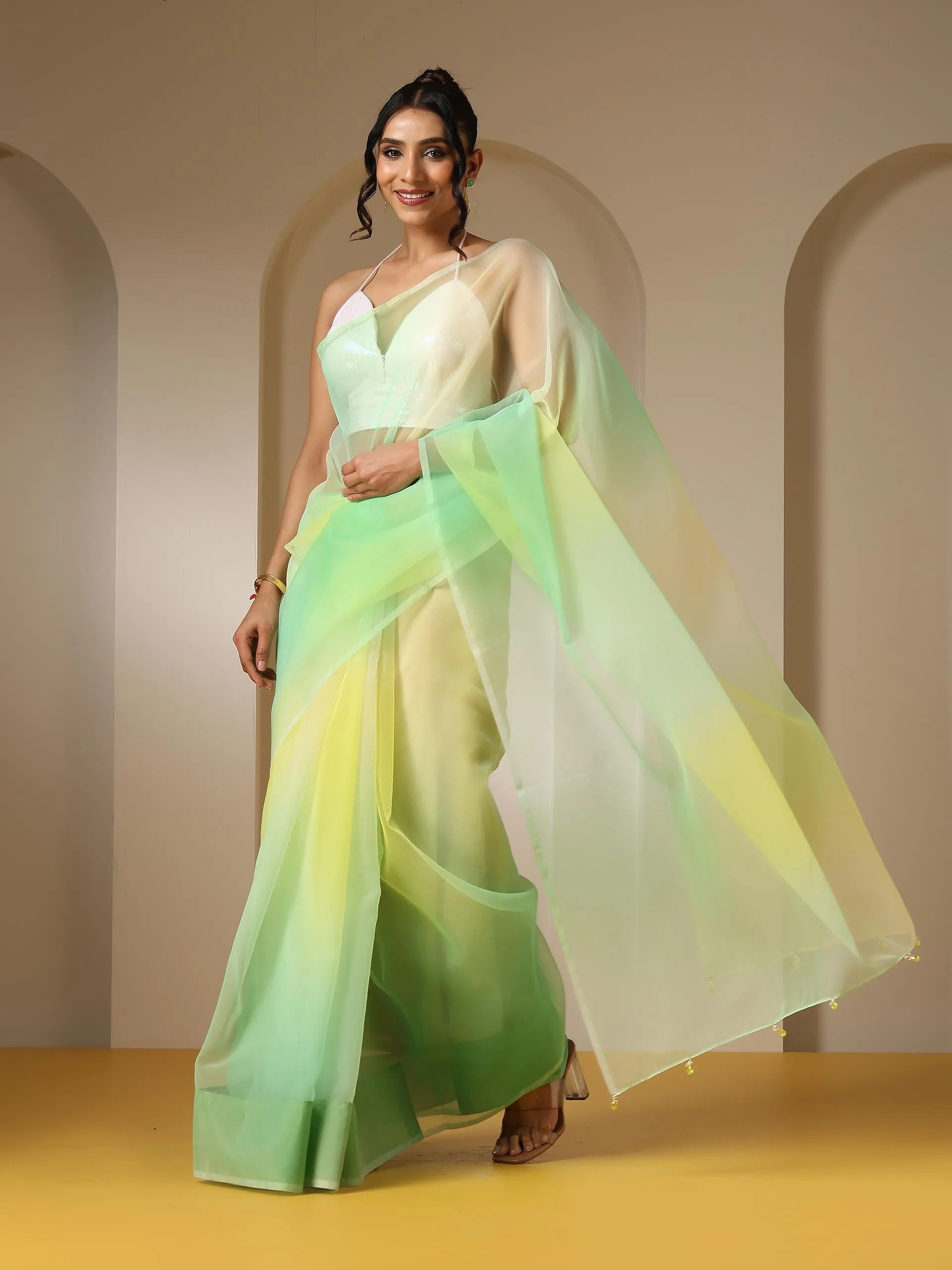 Tulip Yellow Green Organza Ombre Printed Saree