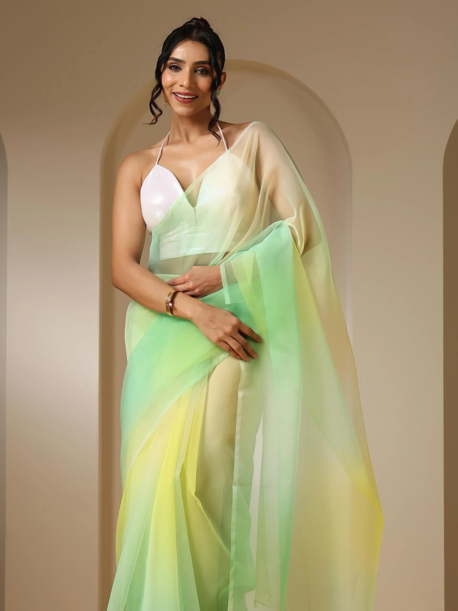 Tulip Yellow Green Organza Ombre Printed Saree