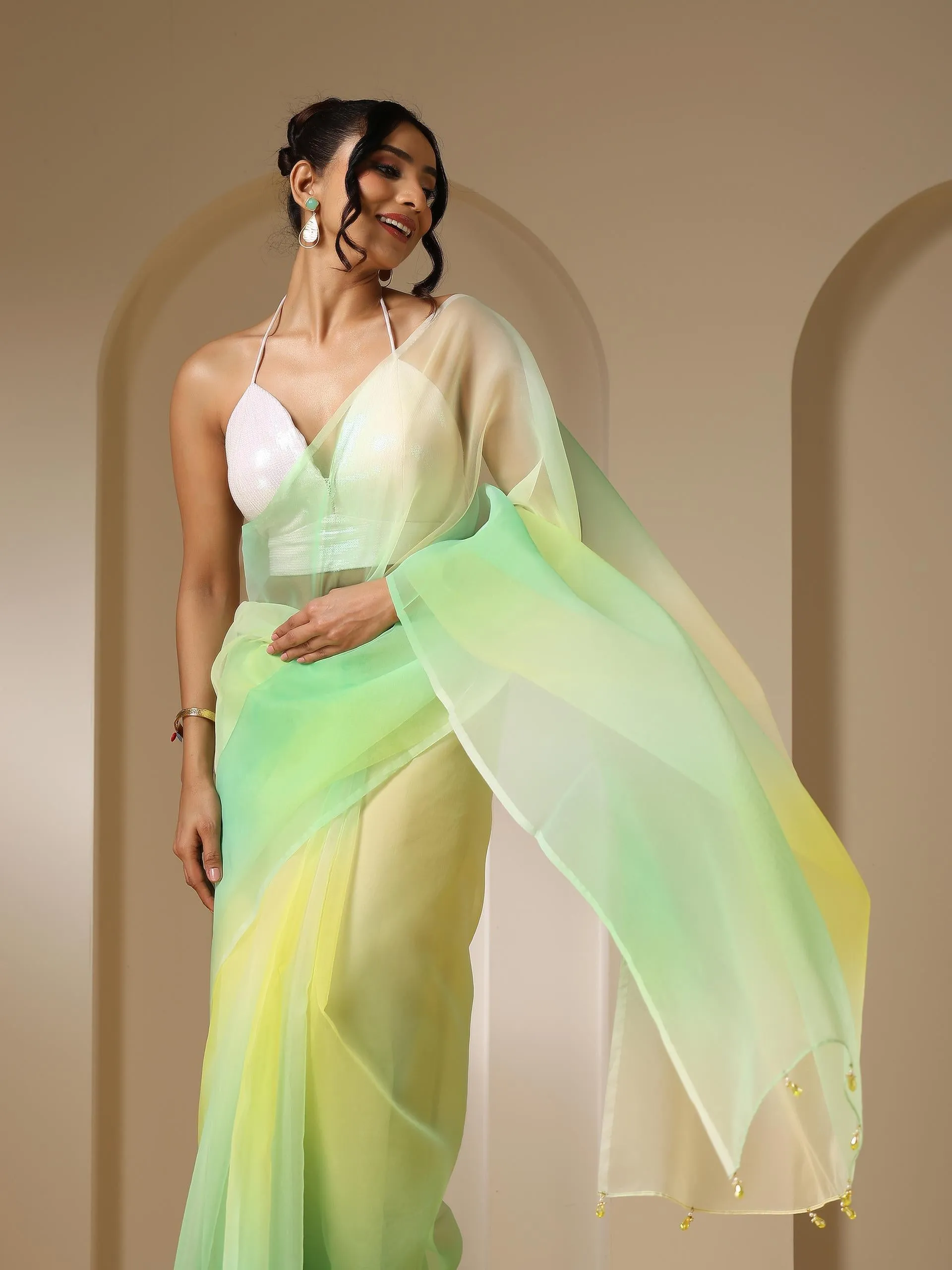Tulip Yellow Green Organza Ombre Printed Saree