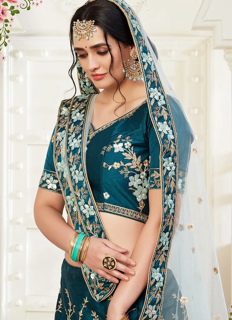 Turquoise Floral Embroidered Designer Lehenga Choli