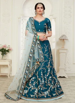 Turquoise Floral Embroidered Designer Lehenga Choli