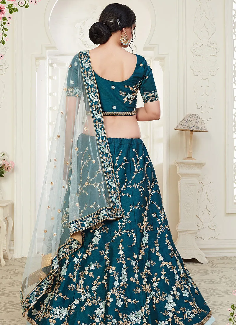 Turquoise Floral Embroidered Designer Lehenga Choli