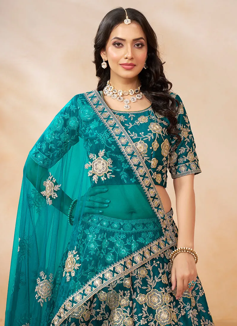 Turquoise Golden Embroidery Wedding Lehenga Choli
